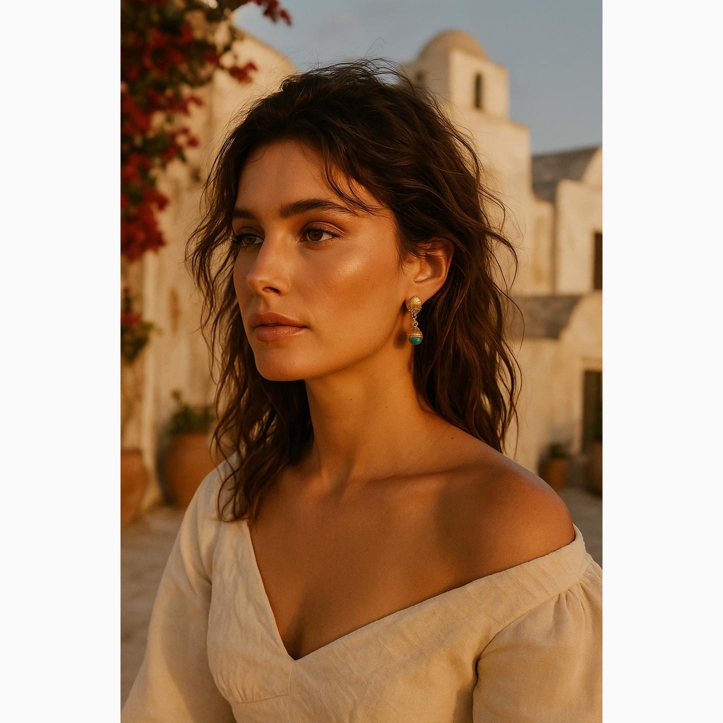 Woman with wavy hair and earrings standing in front of a building with a warm glow