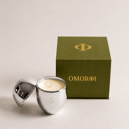 silver omorfi candle with green luxe gift box