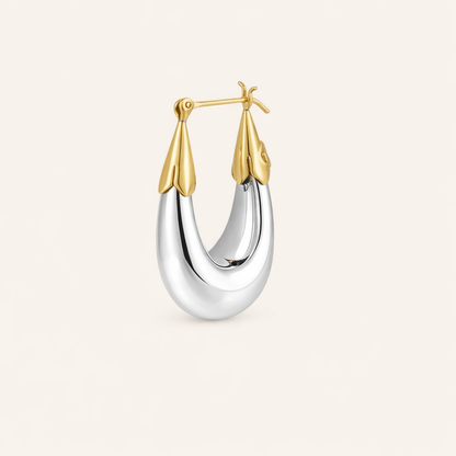 Silver hoop earring with gold accents on a light beige background